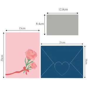Set de tarjetas de felicitación de clavel con tarjeta rosa, inserto gris y sobre azul.