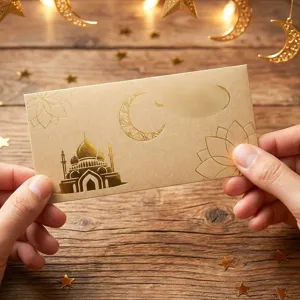 Busta per soldi Eid Mubarak in carta kraft con design di moschea dorata, busta festiva.