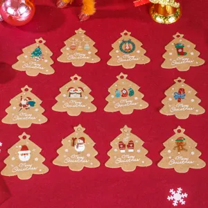 Kraft paper Christmas tree tags set, retro gift wrapping labels for holiday DIY decoration.