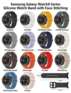 Silicone watch strap for Samsung Galaxy Watch 8, replacement 22mm band in multiple vibrant colors.