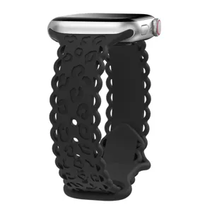 Silicone leopard watch band compatible with smart watch, stylish hollow design, black strap.