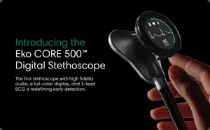 Close-up detail shot of the advanced digital stethoscope showing the vivid color ECG screen.