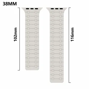 Silicone watch band size detail diagram showing 38mm model with 102mm and 116mm lengths.