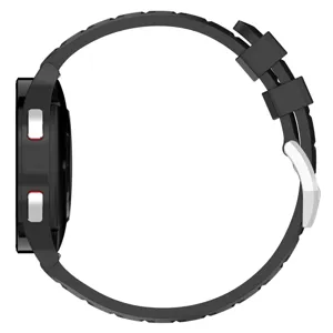 Black silicone watch strap replacement band with silver buckle, durable sports design.