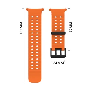 Orange silicone smartwatch band dimension details featuring breathable holes and black buckle.