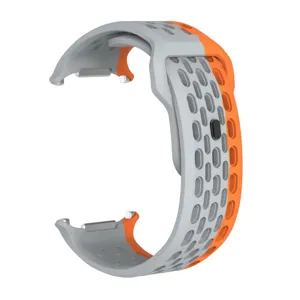 Silicone smartwatch replacement band with breathable holes and secure buckle, dual color.