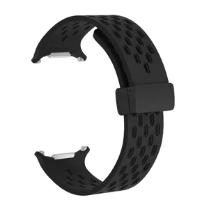 Black silicone magnetic watch strap with breathable perforation holes for smartwatch.