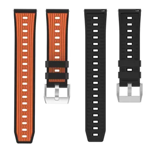 Silicone replacement watch strap, dual-color vertical stripes and breathable holes design with metal buckle.