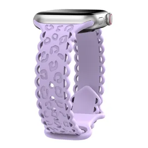 Purple silicone hollow leopard print watch band replacement strap compatible with smart watch.