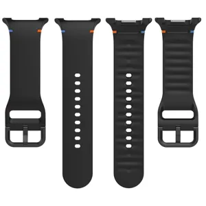 Black silicone watch strap replacement with metal buckle, flat stitching and wave texture design.