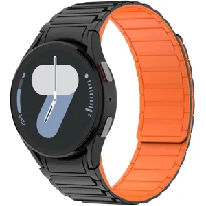 Magnetic silicone watch band compatible with smartwatches, featuring a black and orange design.
