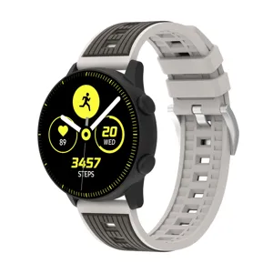 Detail view of the dual-color vertical stripe silicone replacement watch strap, flexible design.