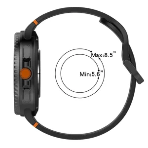 Silicone watch strap side profile view showing adjustable wrist size range from 5.6 to 8.5 inches.