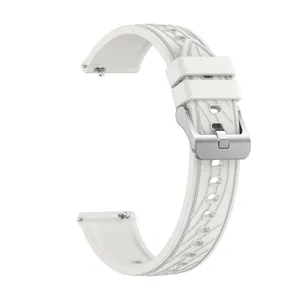White silicone replacement watch strap with metal buckle and quick release pins for smart watch.
