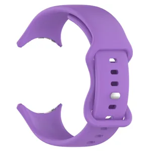 Close-up detail of the purple silicone replacement watch band showing buckle and connector.