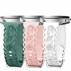 Silicone Smartwatch Band Replacement Strap Floral Hollow Out Rose Embossed Design For Samsung Huawei Garmin Watch