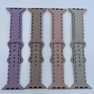 Silicone watch band compatible with Apple Watch, lace carved leopard print design, 4 colors.