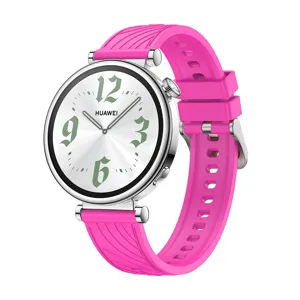 Smart watch replacement silicone strap in vibrant pink color with silver metal connectors.