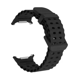 Detailed view of the black perforated silicone watch strap, showcasing breathable design and buckle.