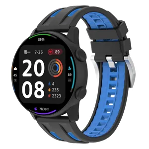 Black and blue silicone replacement watch band detail showing dual-color textured design.