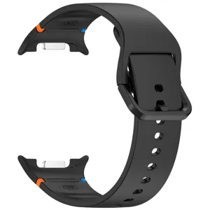 Black silicone watch strap replacement with buckle and connector for smart watch detail view.