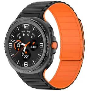 Magnetic silicone watch strap replacement for Samsung Galaxy smart watch, black and orange color.