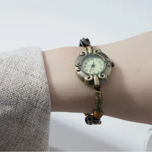 Vintage Bronze Beaded Woven Bracelet Watch Women Marine Style Quartz Wristwatch Ceramic And Metal With Glass