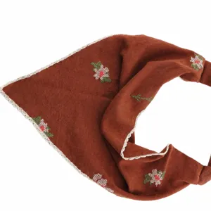 Caramel retro floral embroidered triangle headscarf with white lace trim main view