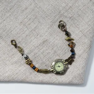 Vintage bronze beaded woven bracelet watch, ocean style charm quartz women wristwatch.
