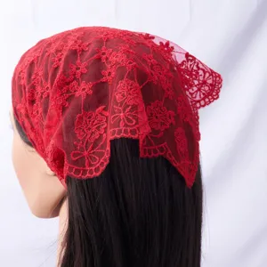 Red lace triangle headscarf embroidered veil hollow wave edge hair accessory for women detail shot
