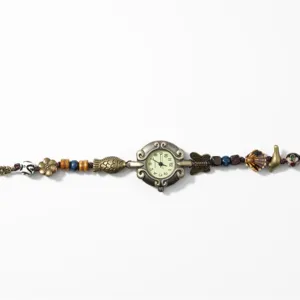 Vintage bronze beaded woven bracelet watch for women, retro ocean style decorative quartz watch