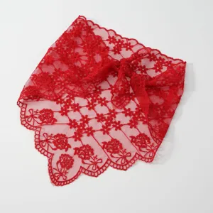 Red lace triangle veil scarf with floral embroidery and scalloped hollow edges for women.