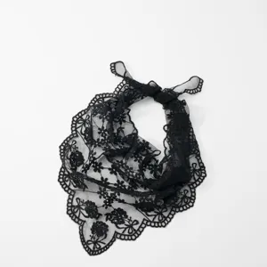 Black lace triangular scarf with floral embroidery and scalloped edges for daily or photo props.