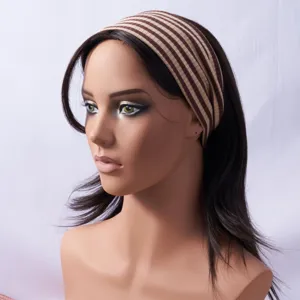 Gestreiftes Strickstirnband in Braun und Beige, ideal für Yoga, Workouts und Fitnesstraining.