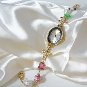 Women vintage oval quartz watch with pearl floral beaded bracelet elegant fashion wristwatch