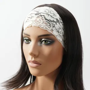 White lace headband detail showing delicate hollow floral pattern on mannequin head display.