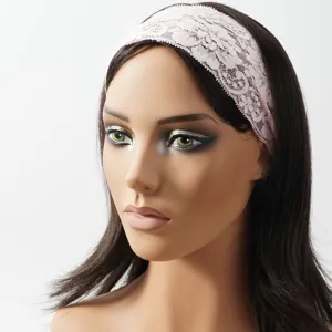 Detailed view of the elegant pink wide lace headband, showcasing hollow floral pattern and elastic fit.
