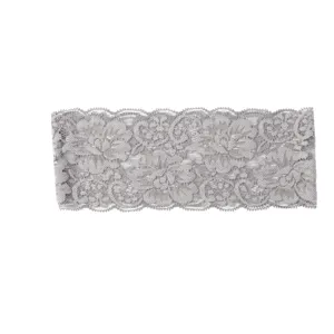 Grey elastic lace wide headband, elegant hollow floral hair accessory for women daily wear.