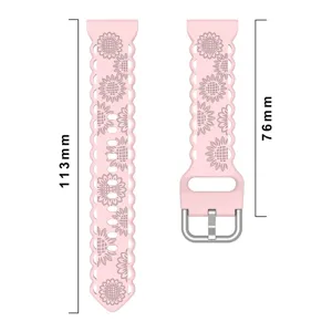 Pink silicone watch strap replacement with sunflower hollow carved design for 20mm smartwatch