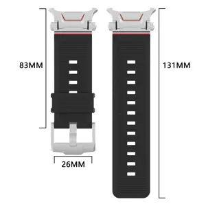 Detailed view of silicone watch strap with metal connectors and dimension specs 83mm 131mm.
