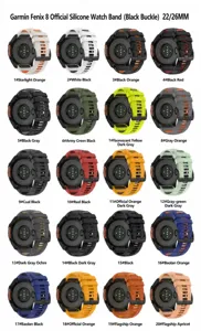 Silicone watch strap replacement compatible for Garmin Fenix 8 with stainless steel buckle.