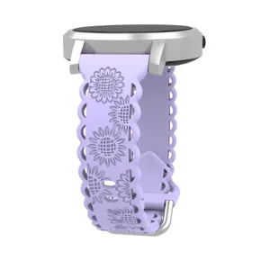Lavender silicone watch strap detail featuring hollow sunflower carved pattern and scalloped edges