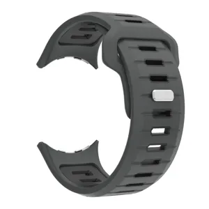 Detailed view of dark grey silicone sports watch strap with breathable holes and metal clasp.