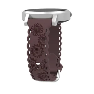 Sunflower silicone watch strap 20mm flat end, carved floral cutout design for smartwatch.