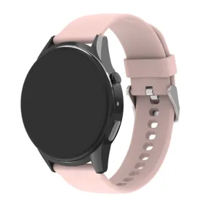 Smartwatch mit einem rosa Silikonarmband und einem eleganten schwarzen runden Zifferblatt