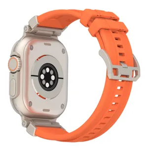 Orange silicone watch band and titanium case smartwatch compatible with Apple Ultra.