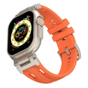 Orange silicone strap compatible with Apple Watch Ultra, breathable dual-hole sports band design.