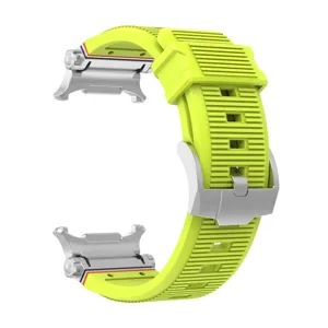 Bright yellow silicone watch strap featuring metal connectors for smartwatches detail.