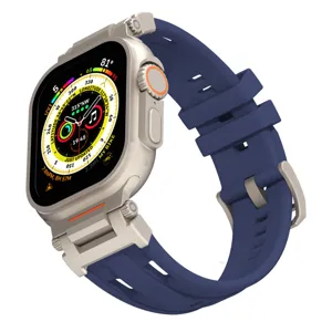 Blue silicone watch strap for Apple Watch Ultra 9 SE, durable dual-hole sports replacement band.
