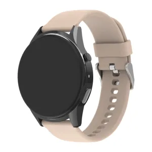 Detailansicht des beigen Silikonarmbands mit Schnellverschluss und Metallschließe.